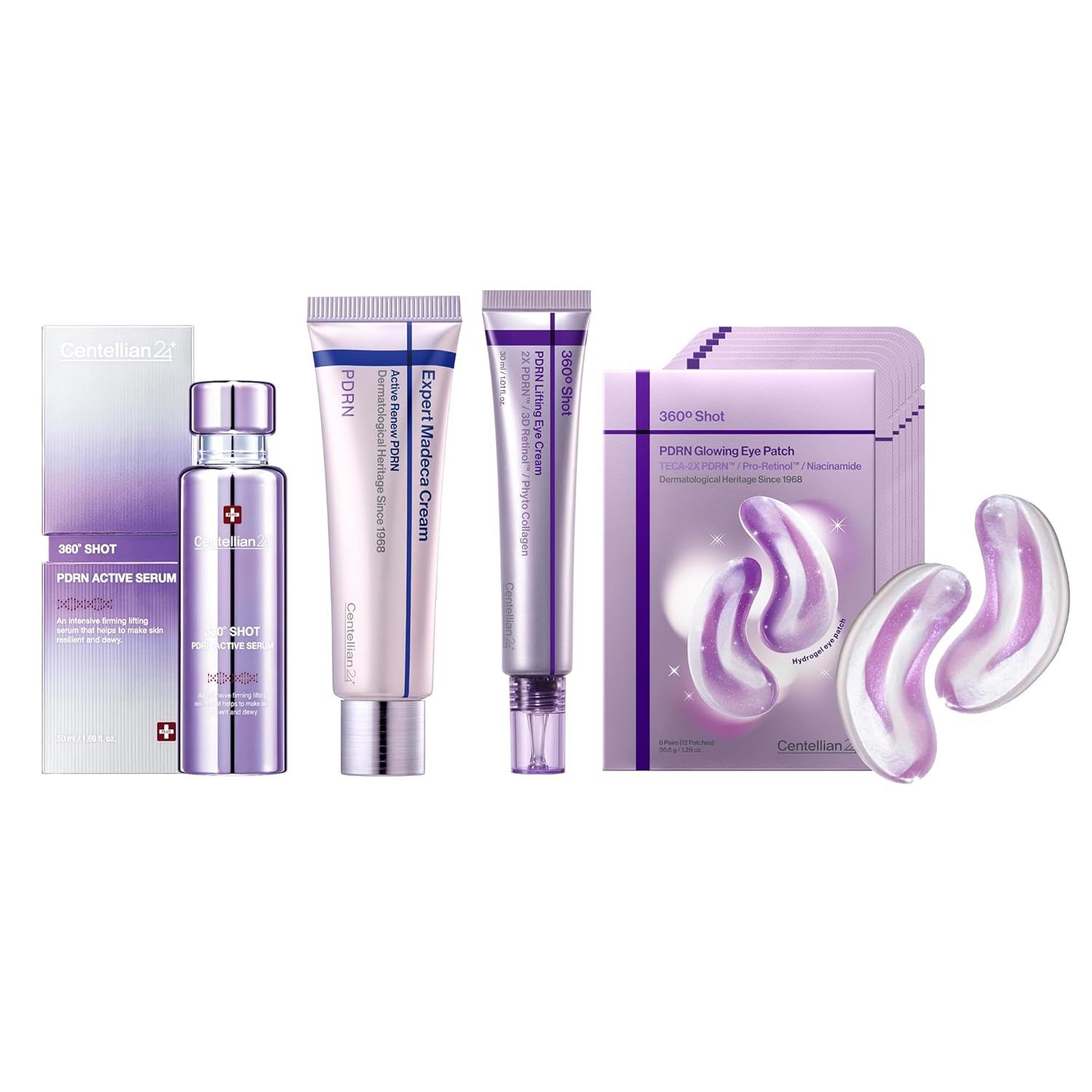 CENTELLIAN 24 360º Shot PDRN Complete Anti Aging Bundle, Active Serum, Renew Cream, Lifting Eye Cream & Glowing Eye Patches