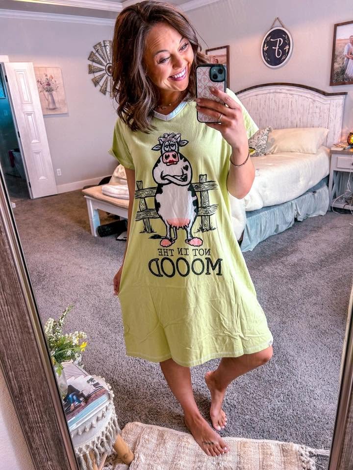 Not in the Mood Green Women's Cow V-neck Nightshirt