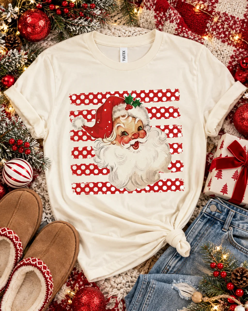Polka Dot Stripe Santa Tee