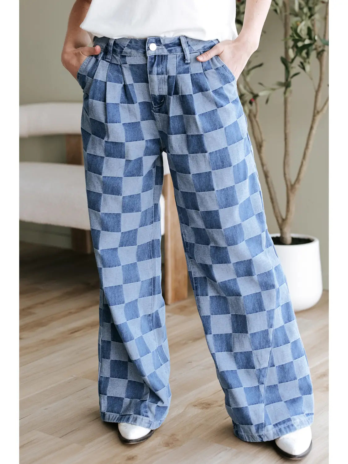 Checkered Denim Wide Leg Jeans