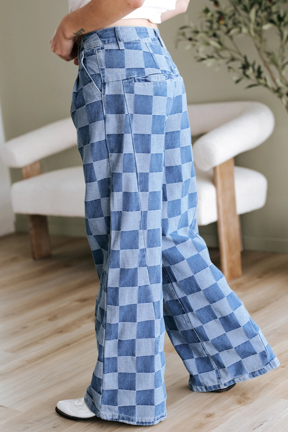 Checkered Denim Wide Leg Jeans