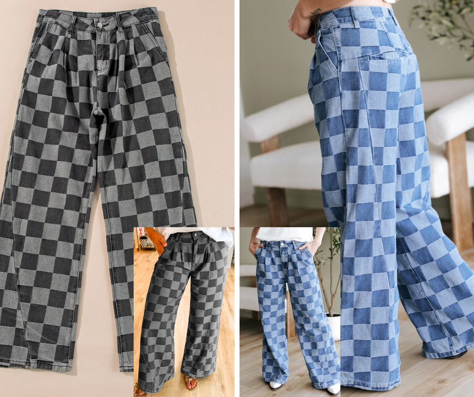 Checkered Denim Wide Leg Jeans