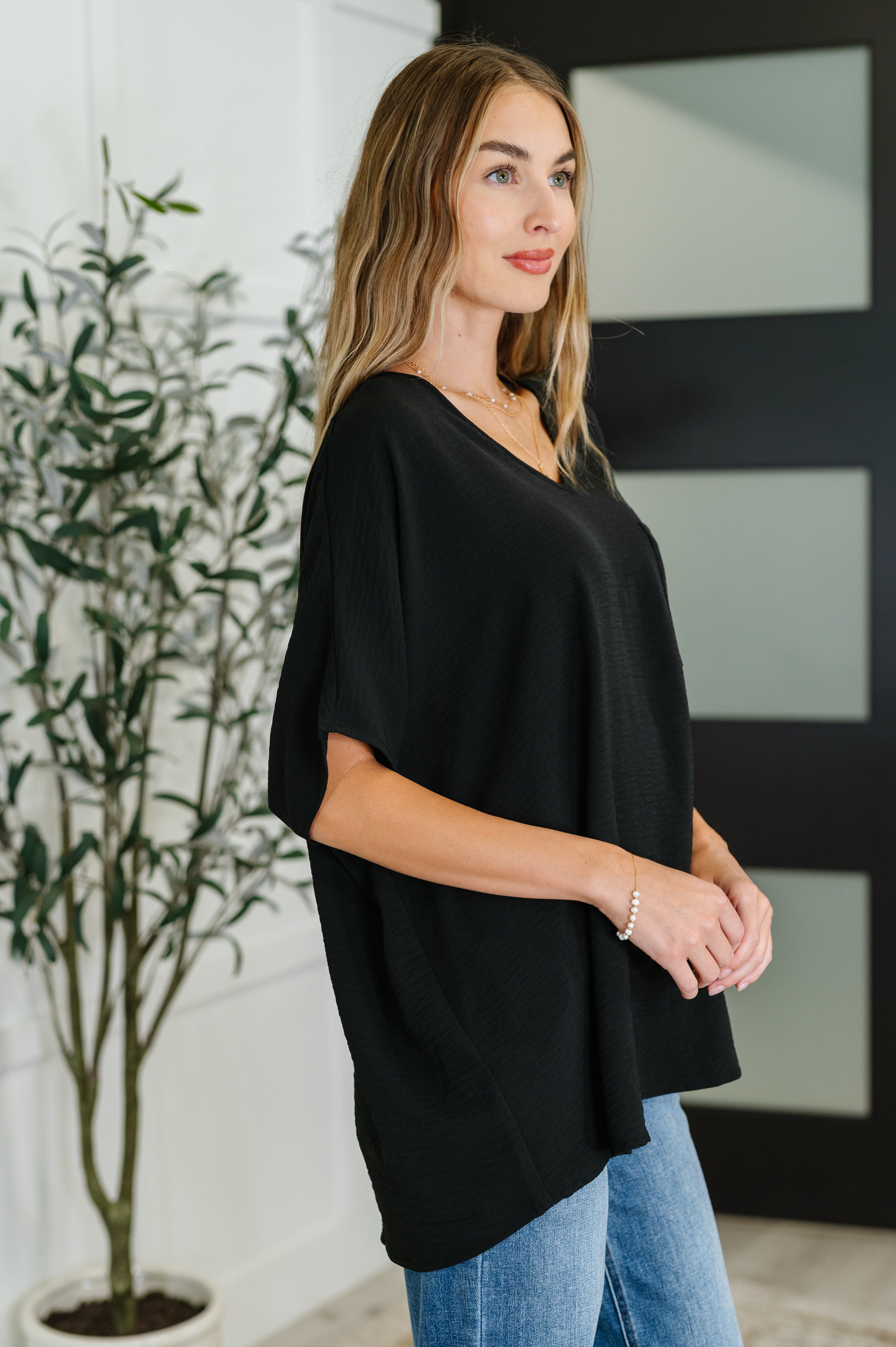 Coastal Ease V-Neck Top in Black