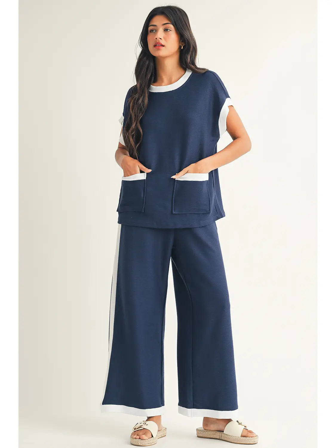 Color Block Tee and Wide Leg Pants Set