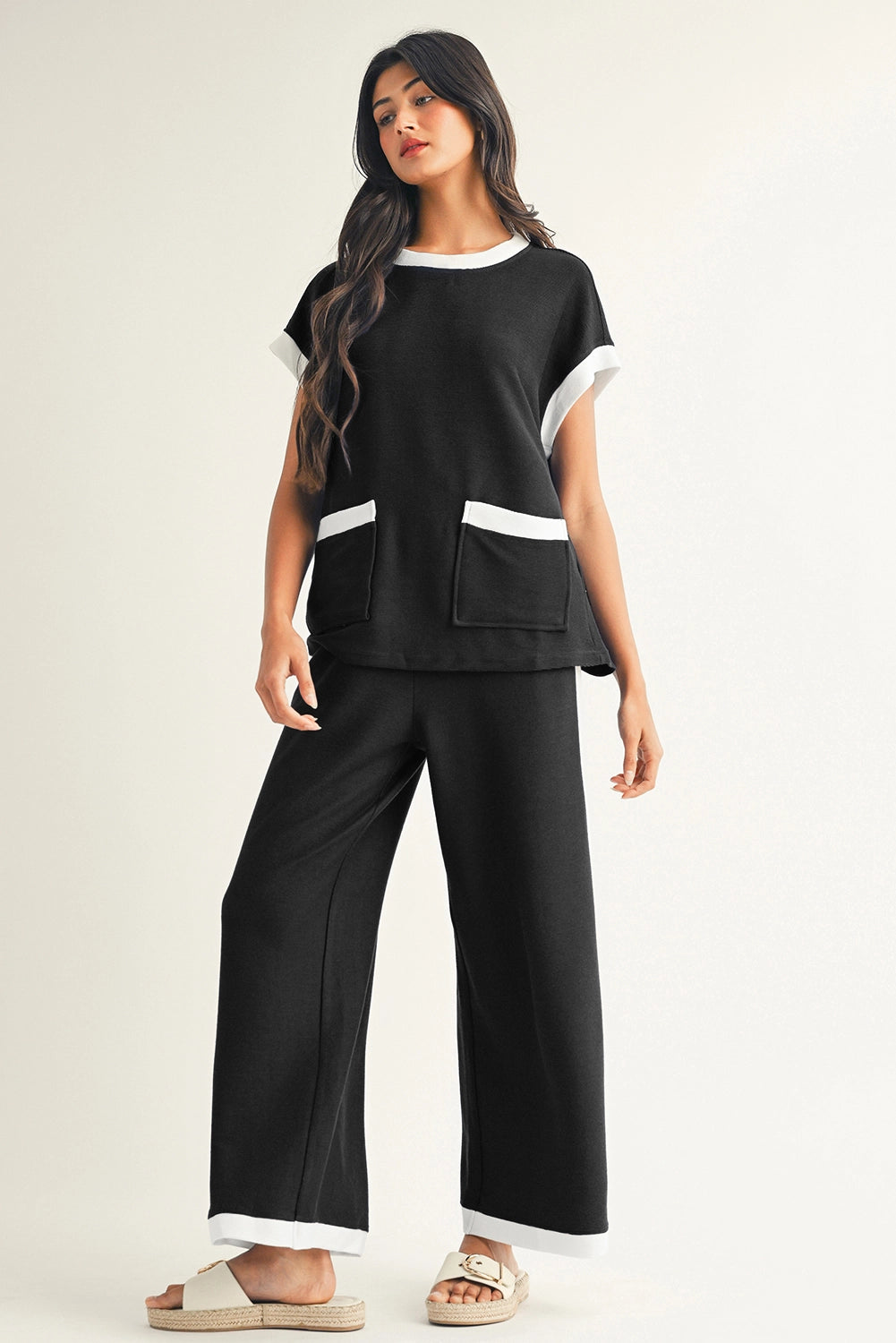 Color Block Tee and Wide Leg Pants Set