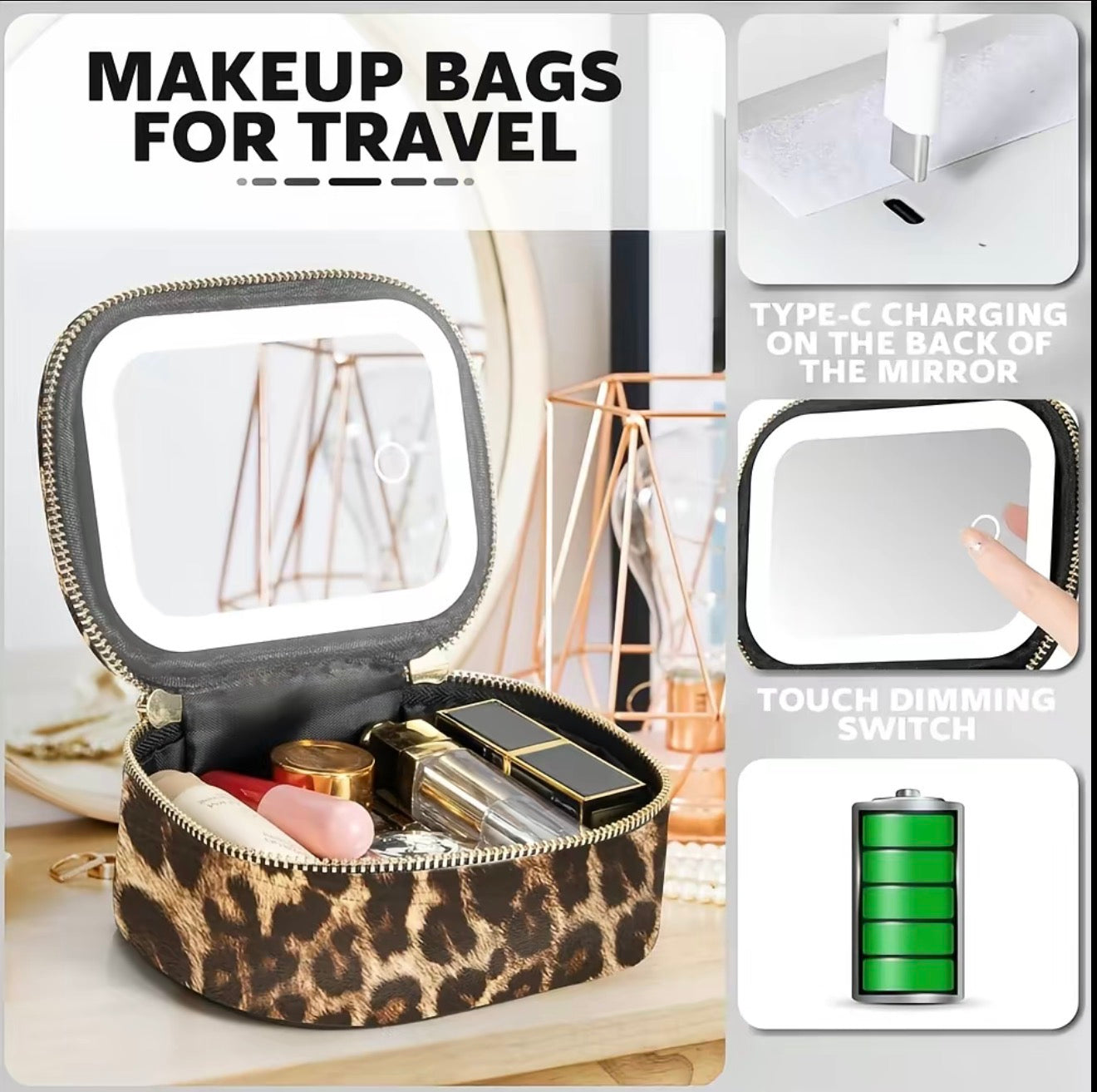 Mini Travel Makeup Bag + LED Light Mirror