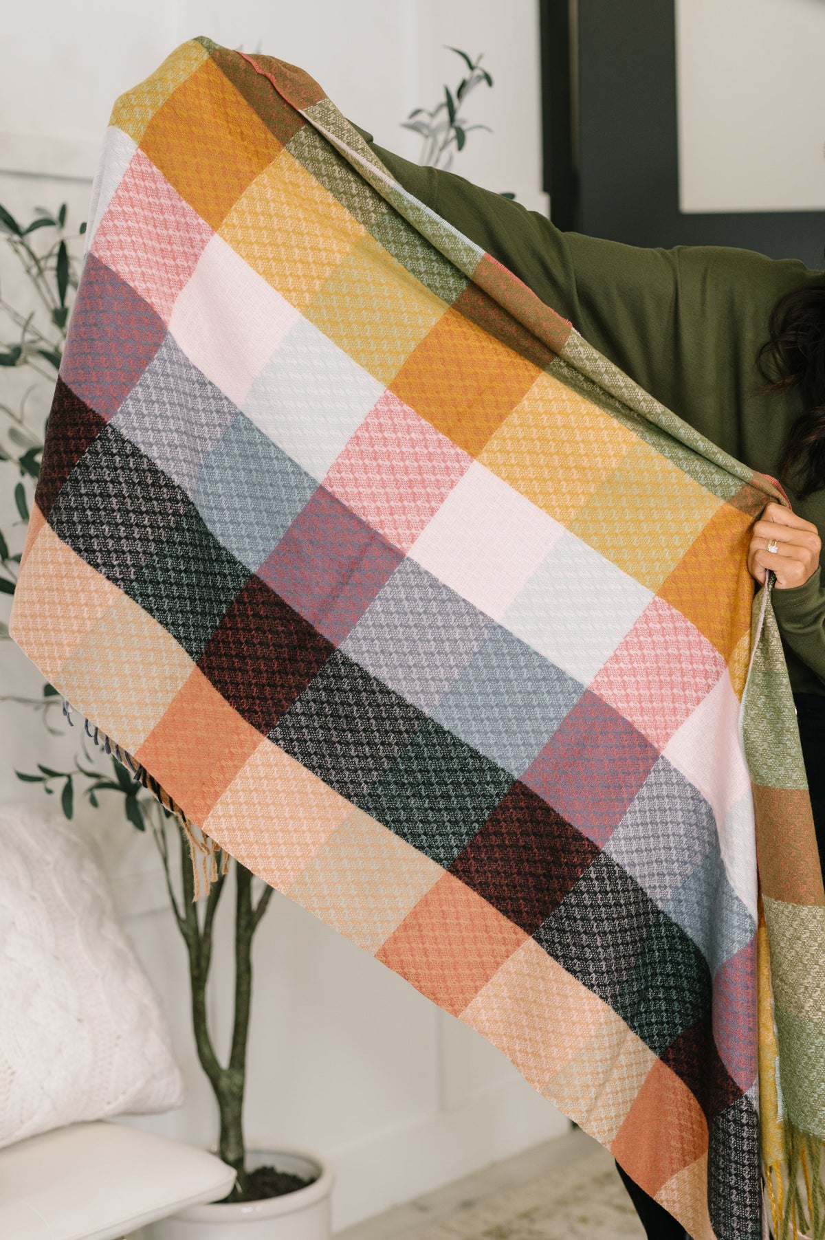 Keep Me Cozy Checkered Fringe Scarf in Pine and Petals