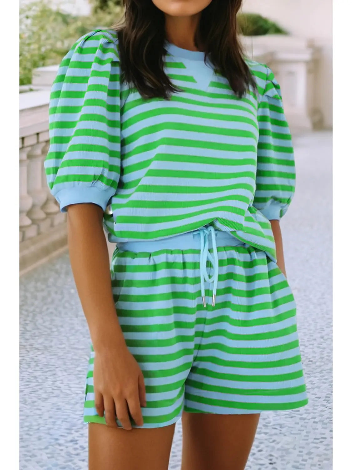 Stripe Spring Puff Sleeve Set