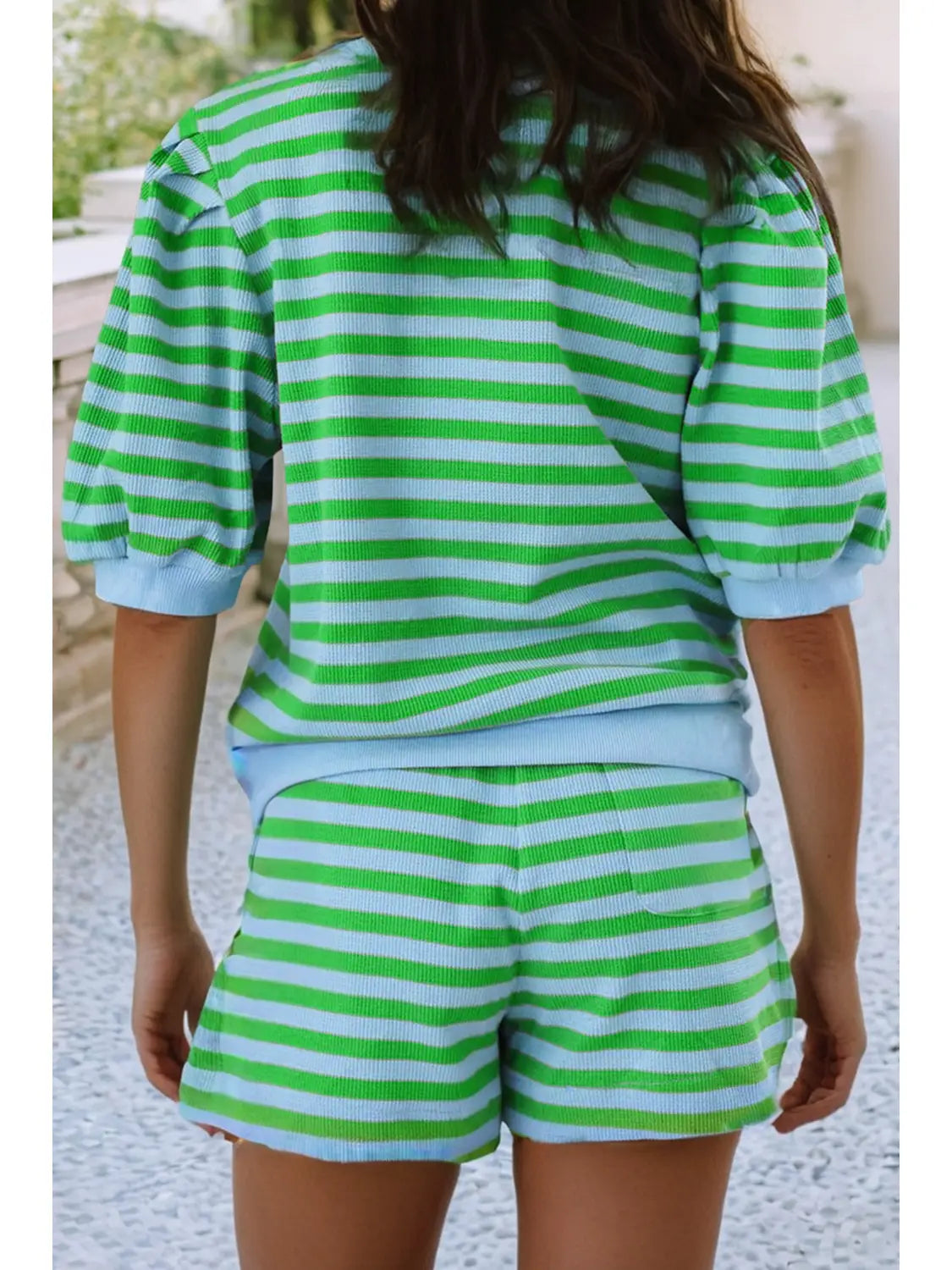 Stripe Spring Puff Sleeve Set