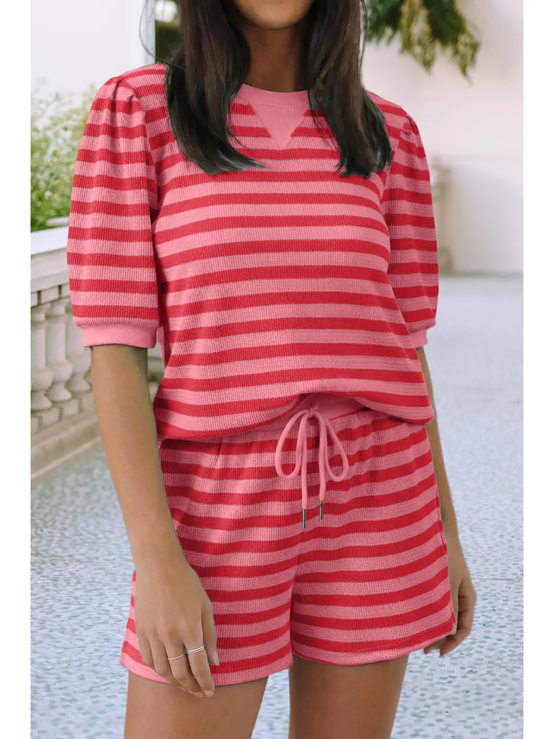 Stripe Spring Puff Sleeve Set