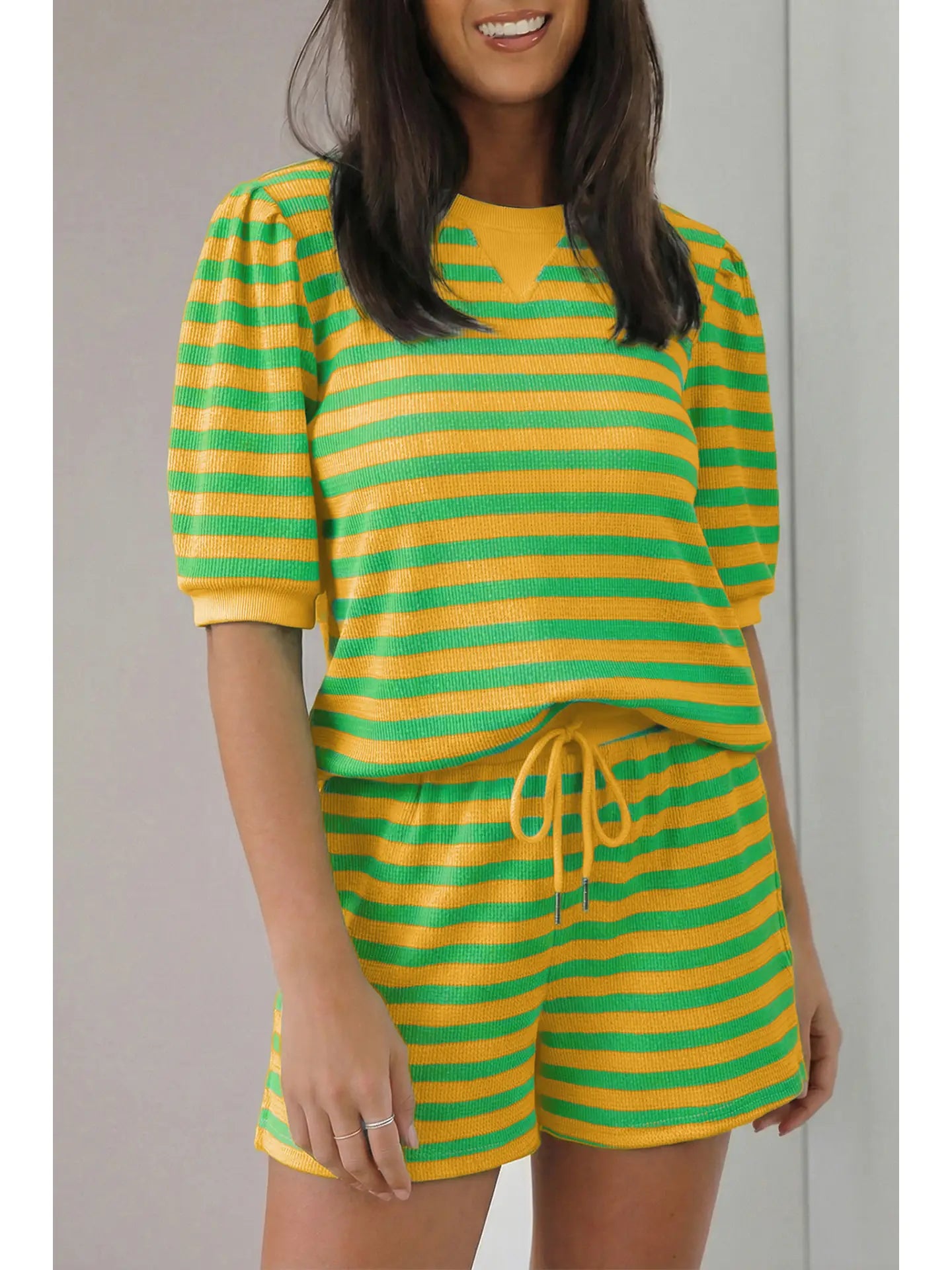 Stripe Spring Puff Sleeve Set