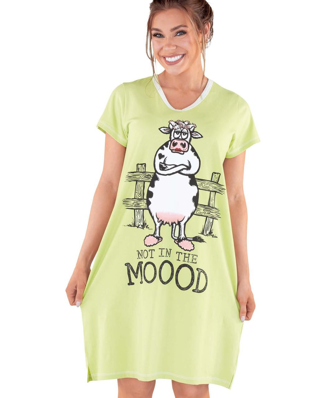 Not in the Mood Green Women's Cow V-neck Nightshirt